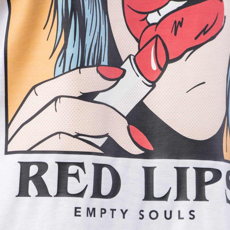 Weißes breites Damen T-shirt Red Lips White - 03