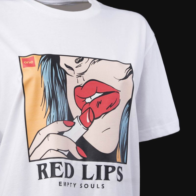 Weißes breites Damen T-shirt Red Lips White - 02