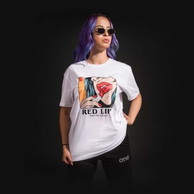Weißes breites Damen T-shirt Red Lips White - 05