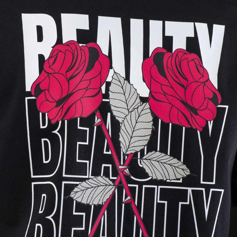 Schwarzes kurzes Damen T-shirt - Beauty Rose - 03
