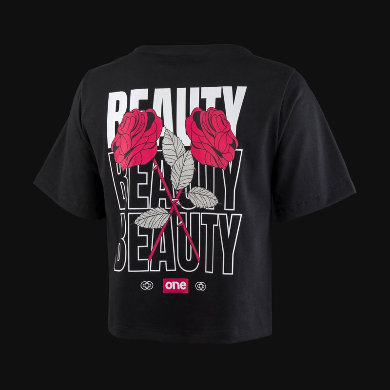 Schwarzes kurzes Damen T-shirt - Beauty Rose - 02