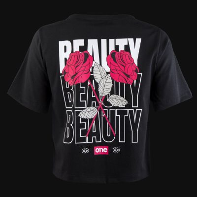 Schwarzes kurzes Damen T-shirt - Beauty Rose