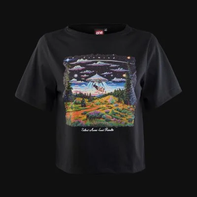 Schwarzes kurzes Damen T-shirt - Moo-ving to the Stars